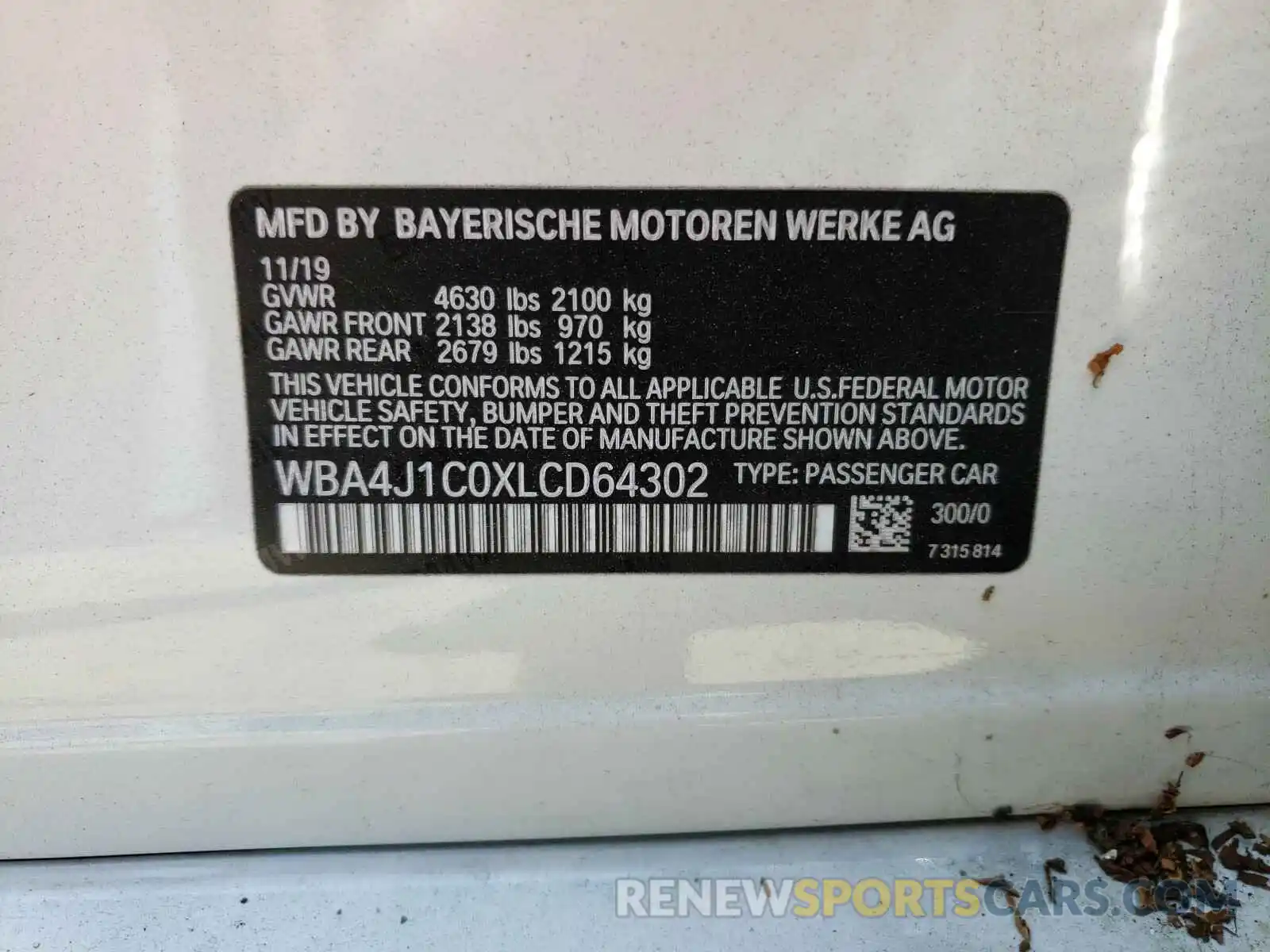 10 Photograph of a damaged car WBA4J1C0XLCD64302 BMW 4 SERIES 2020