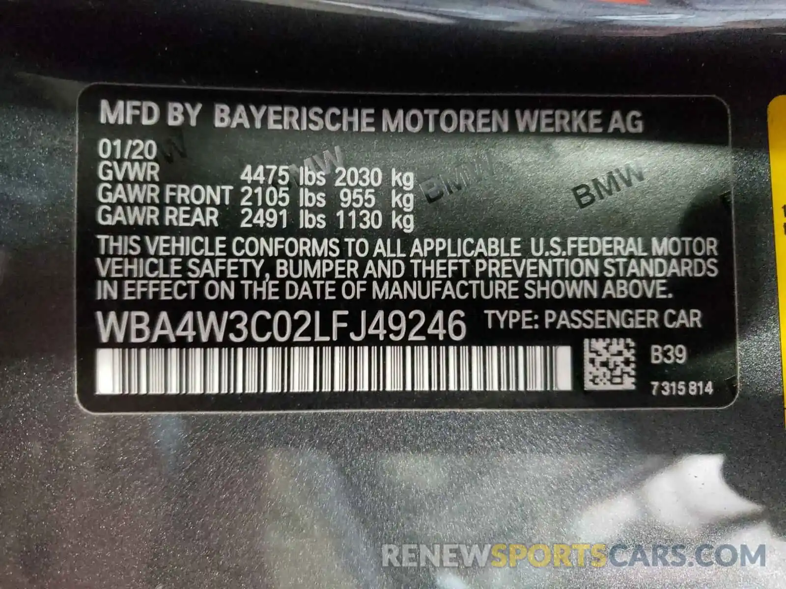 10 Photograph of a damaged car WBA4W3C02LFJ49246 BMW 4 SERIES 2020
