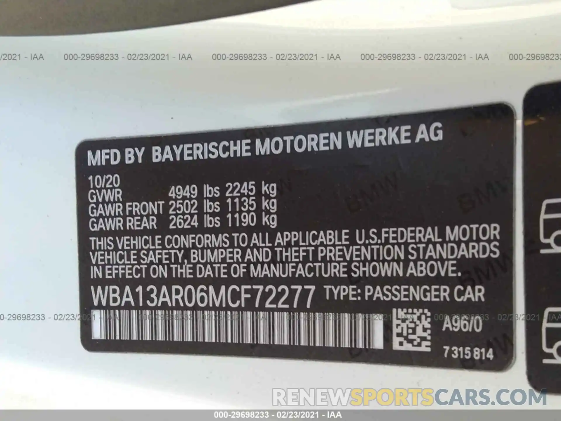 9 Photograph of a damaged car WBA13AR06MCF72277 BMW 4 SERIES 2021