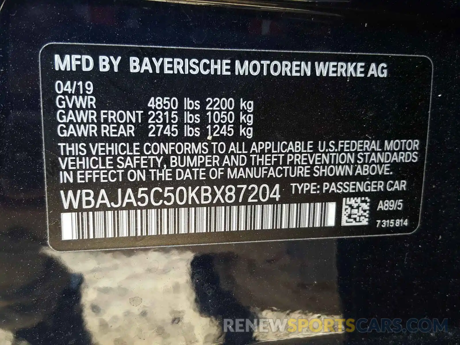 10 Photograph of a damaged car WBAJA5C50KBX87204 BMW 5 SERIES 2019