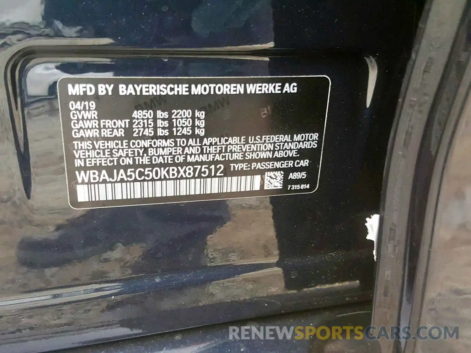 10 Photograph of a damaged car WBAJA5C50KBX87512 BMW 5 SERIES 2019