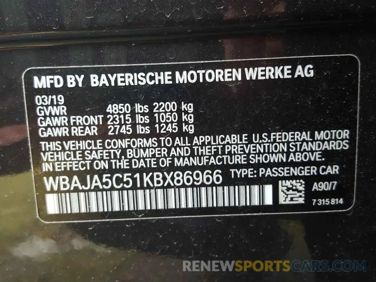 10 Photograph of a damaged car WBAJA5C51KBX86966 BMW 5 SERIES 2019