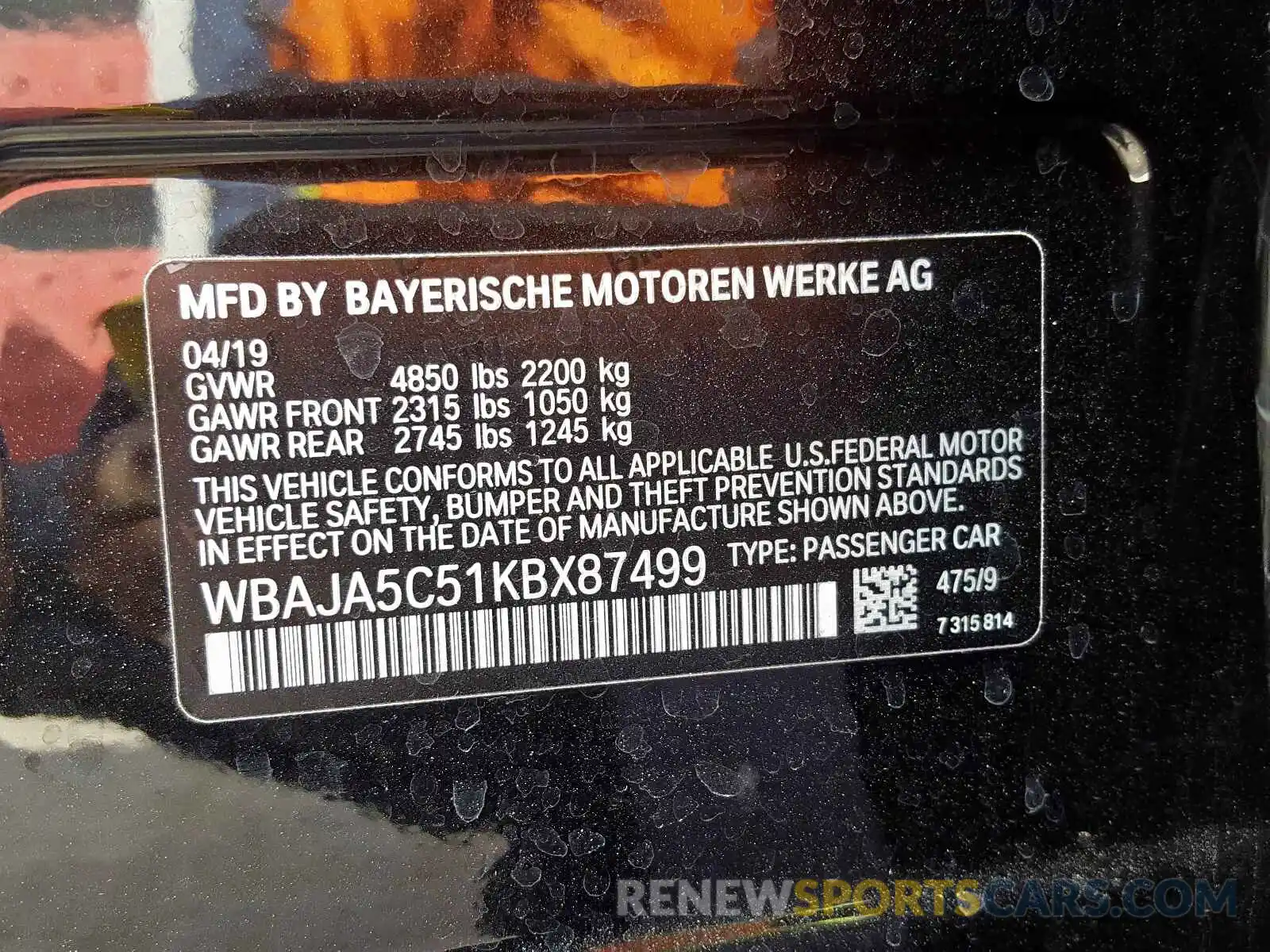 10 Фотография поврежденного автомобиля WBAJA5C51KBX87499 BMW 5 SERIES 2019