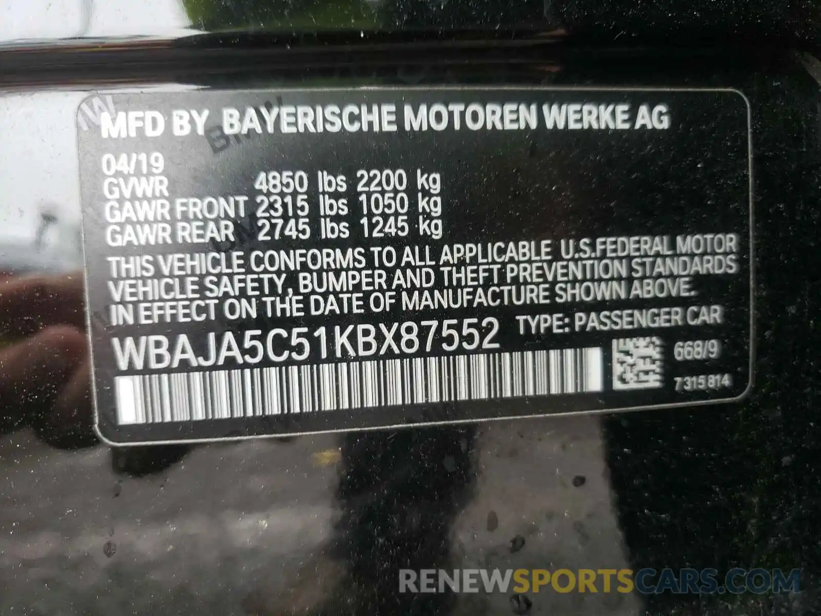 10 Фотография поврежденного автомобиля WBAJA5C51KBX87552 BMW 5 SERIES 2019