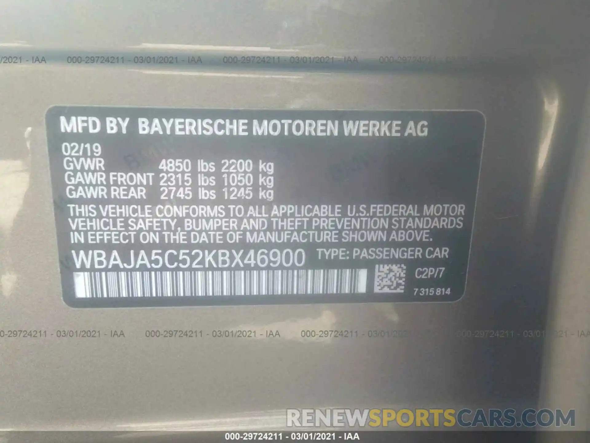 9 Фотография поврежденного автомобиля WBAJA5C52KBX46900 BMW 5 SERIES 2019