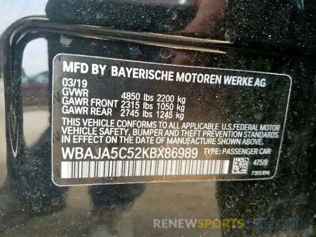10 Photograph of a damaged car WBAJA5C52KBX86989 BMW 5 SERIES 2019