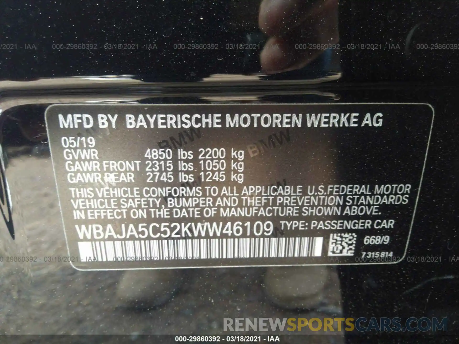 9 Photograph of a damaged car WBAJA5C52KWW46109 BMW 5 SERIES 2019