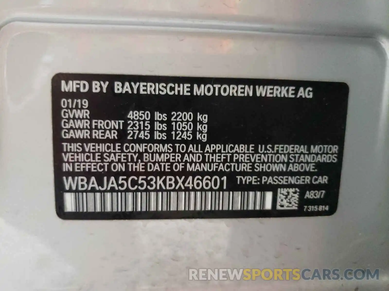 10 Photograph of a damaged car WBAJA5C53KBX46601 BMW 5 SERIES 2019