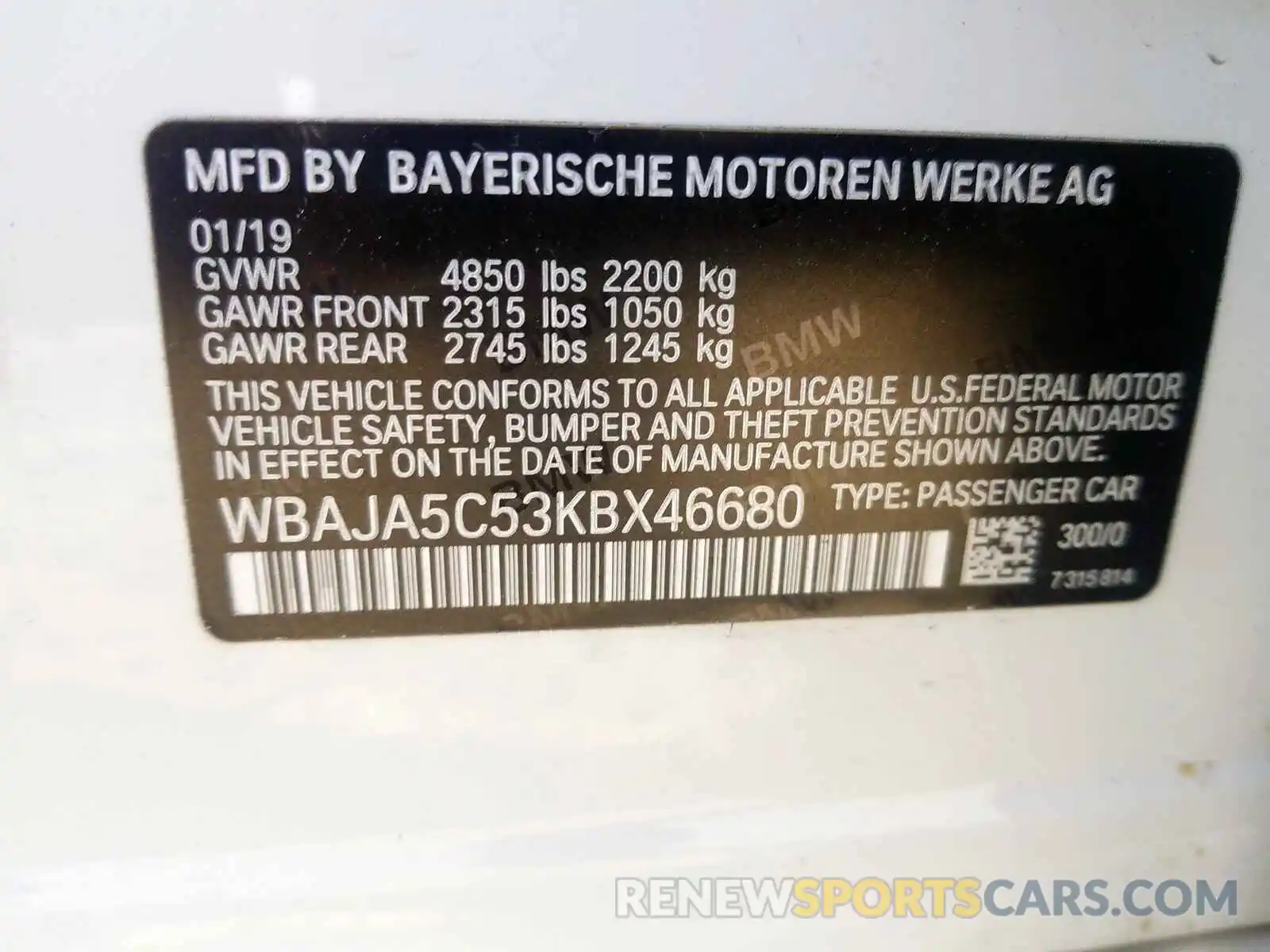 10 Фотография поврежденного автомобиля WBAJA5C53KBX46680 BMW 5 SERIES 2019