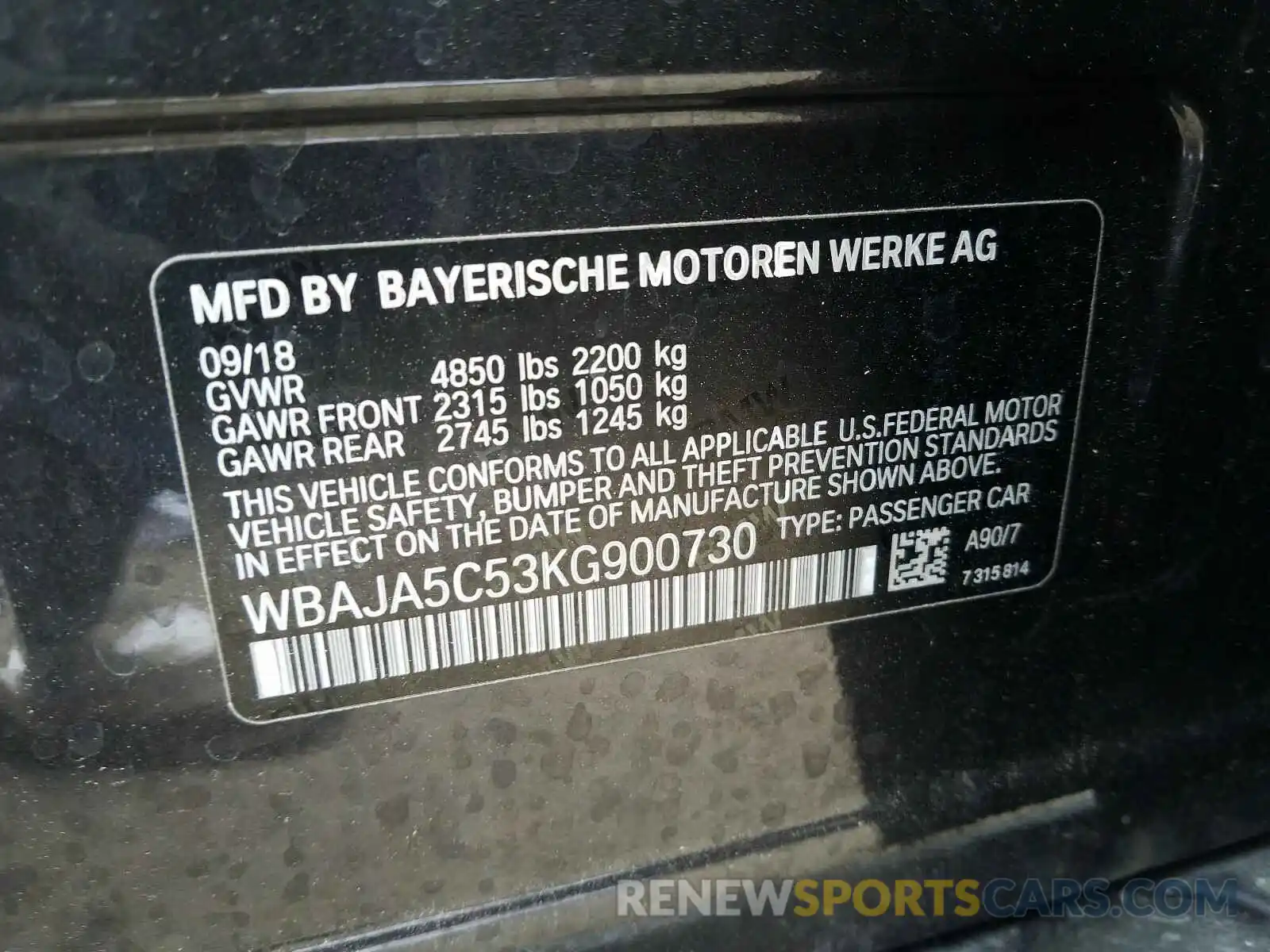 10 Фотография поврежденного автомобиля WBAJA5C53KG900730 BMW 5 SERIES 2019