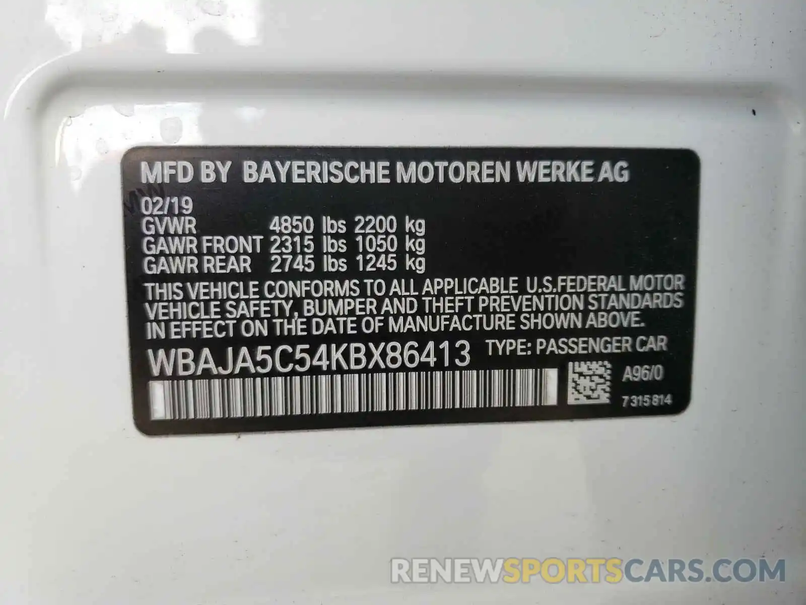 10 Фотография поврежденного автомобиля WBAJA5C54KBX86413 BMW 5 SERIES 2019