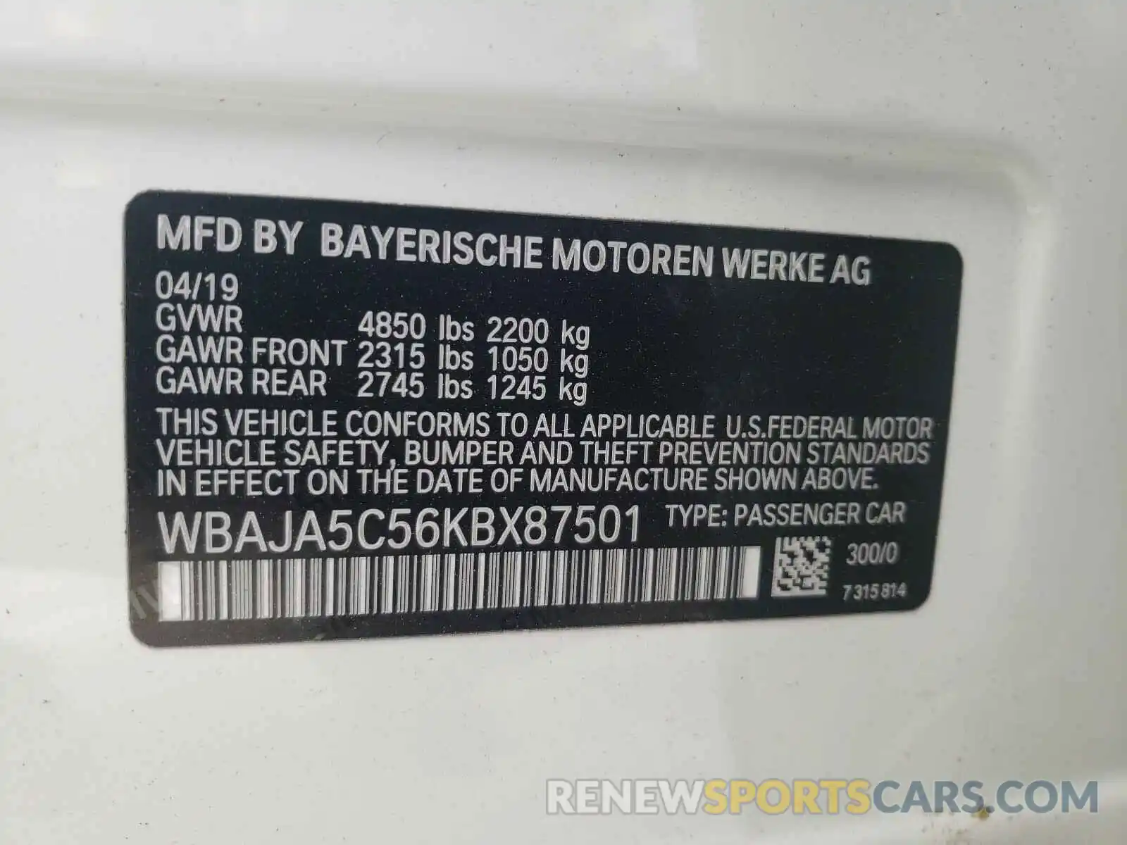 10 Фотография поврежденного автомобиля WBAJA5C56KBX87501 BMW 5 SERIES 2019