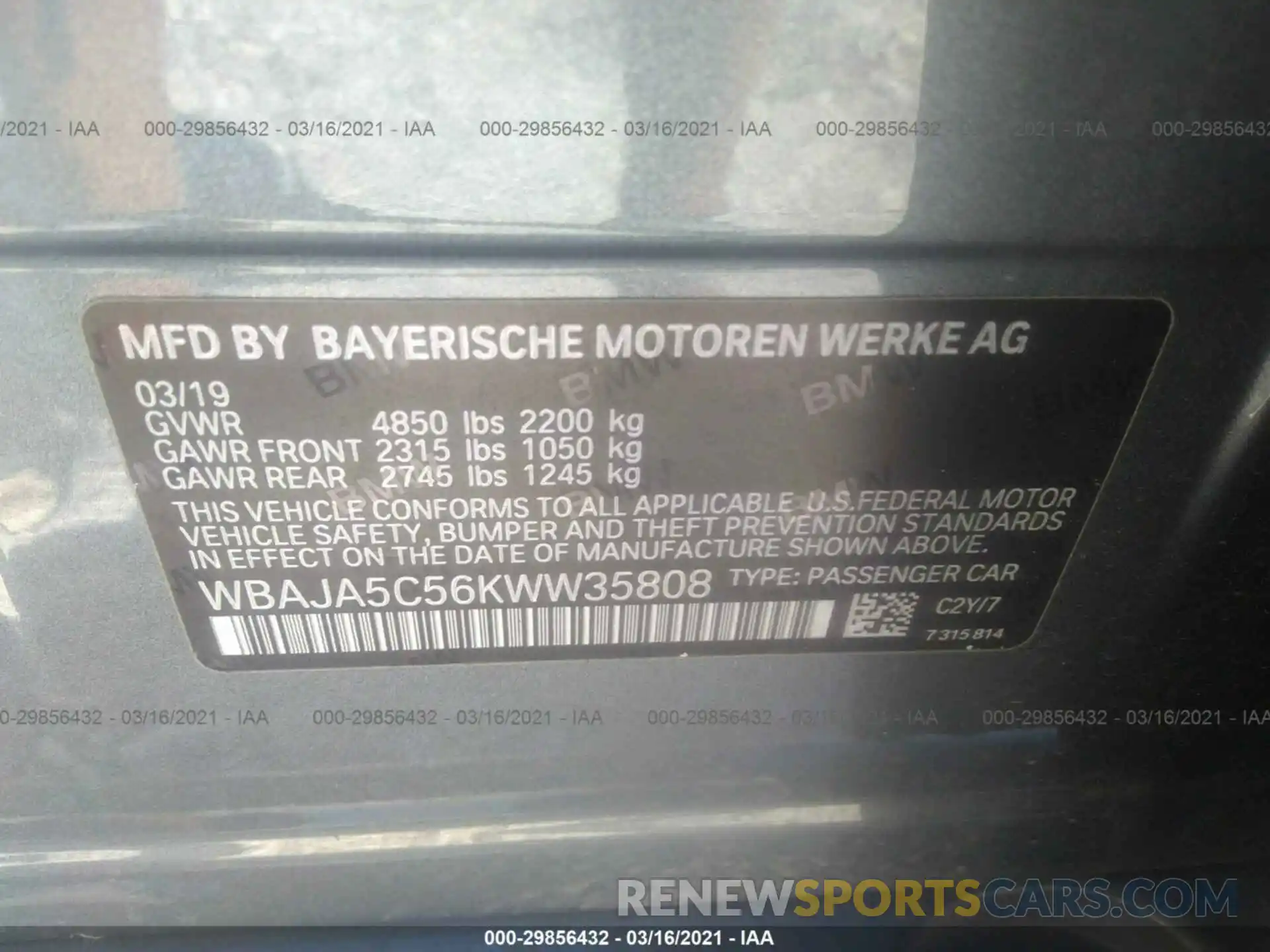 9 Фотография поврежденного автомобиля WBAJA5C56KWW35808 BMW 5 SERIES 2019