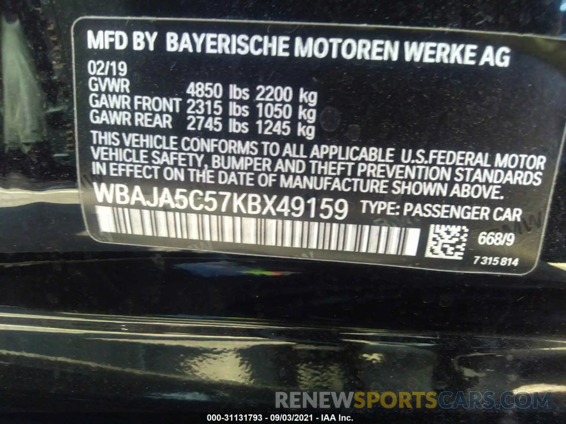 9 Photograph of a damaged car WBAJA5C57KBX49159 BMW 5 SERIES 2019