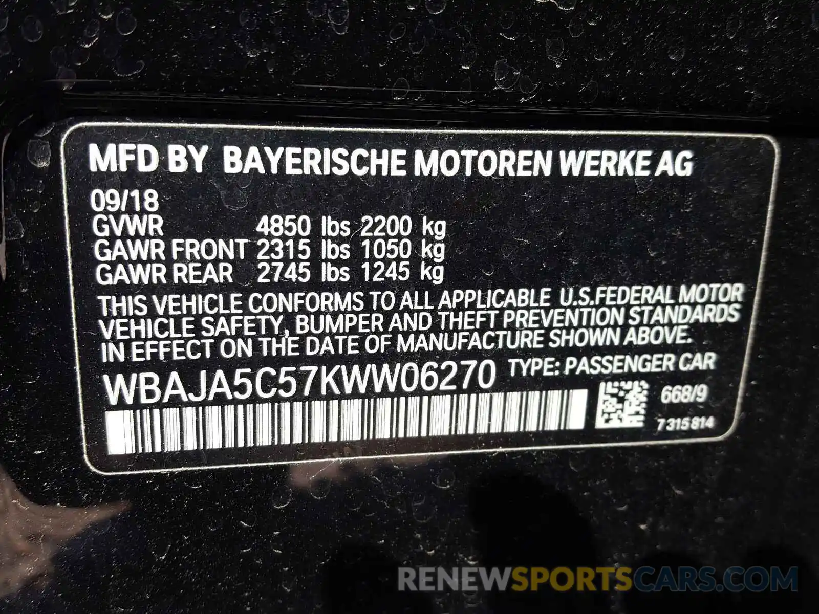 10 Photograph of a damaged car WBAJA5C57KWW06270 BMW 5 SERIES 2019