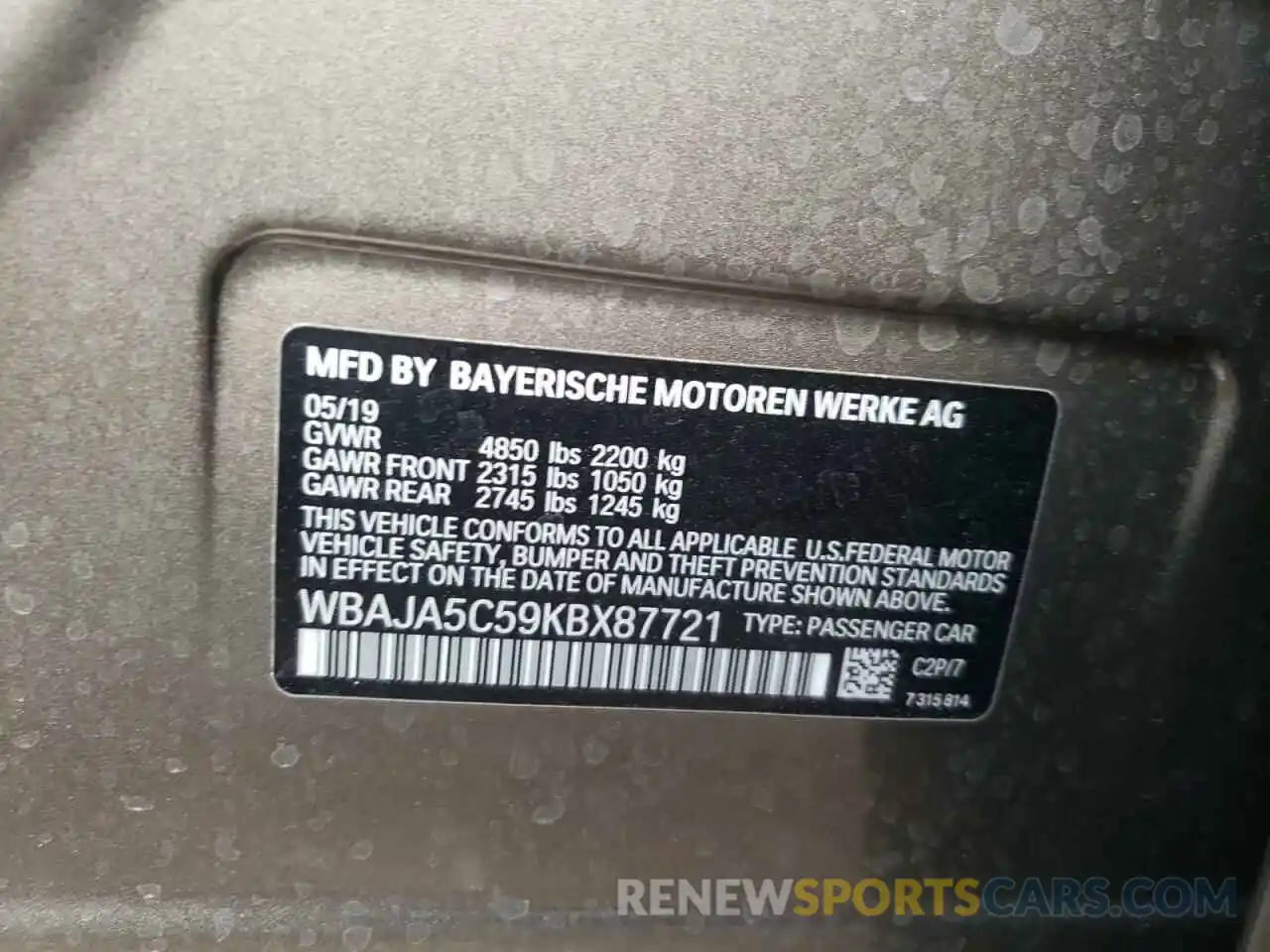 10 Photograph of a damaged car WBAJA5C59KBX87721 BMW 5 SERIES 2019