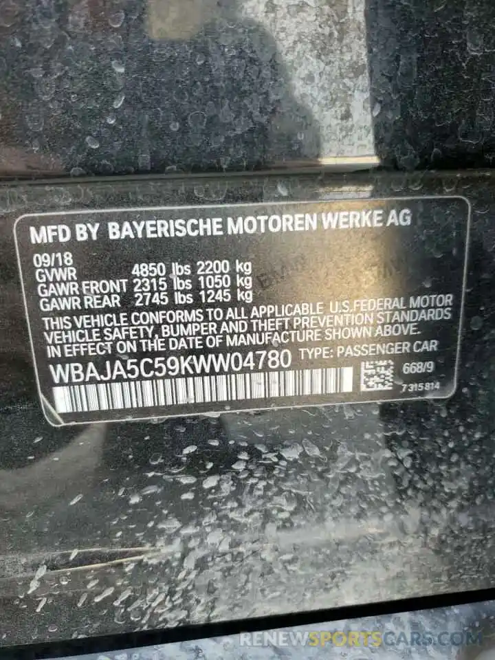 13 Photograph of a damaged car WBAJA5C59KWW04780 BMW 5 SERIES 2019