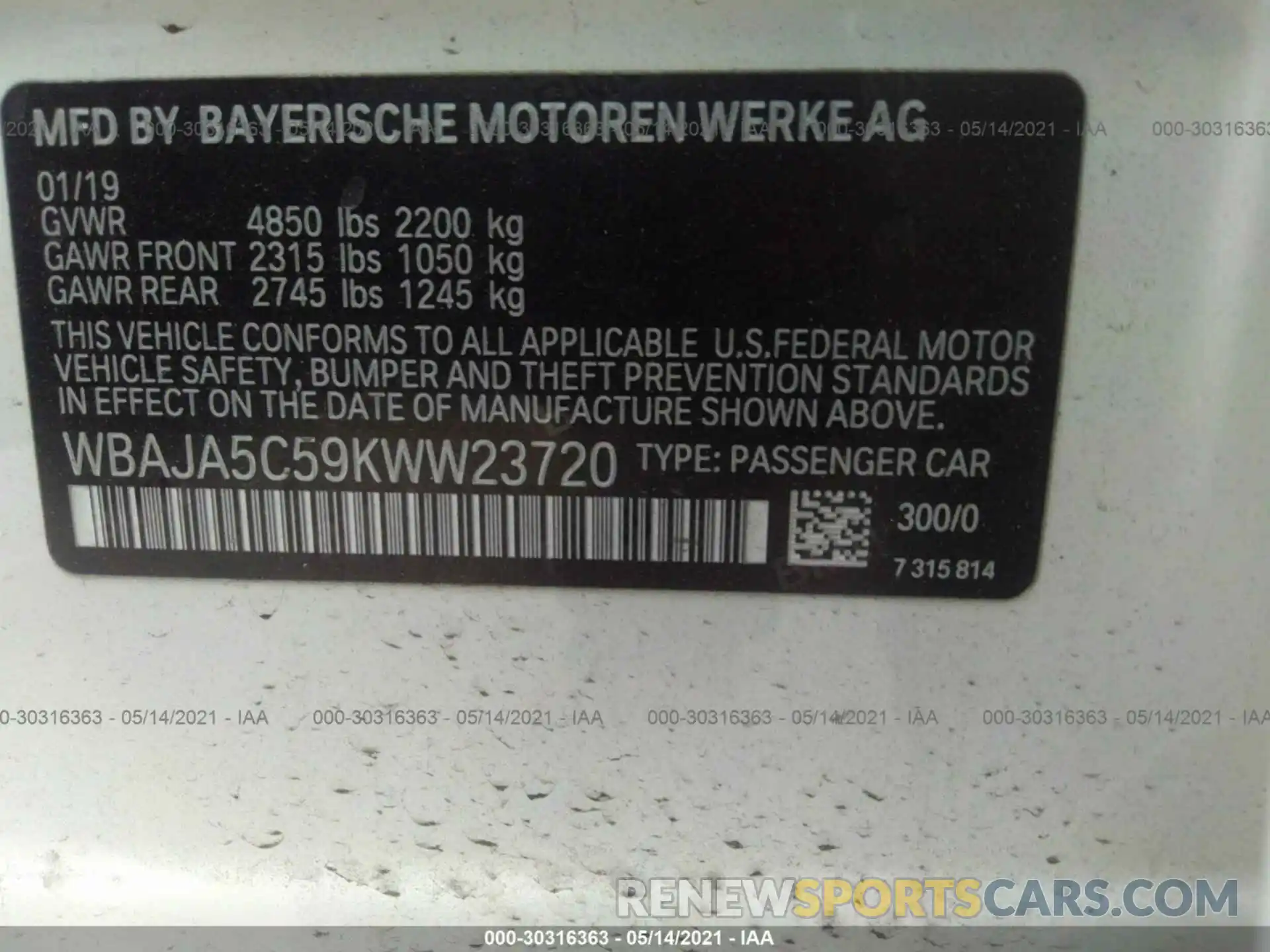 9 Фотография поврежденного автомобиля WBAJA5C59KWW23720 BMW 5 SERIES 2019
