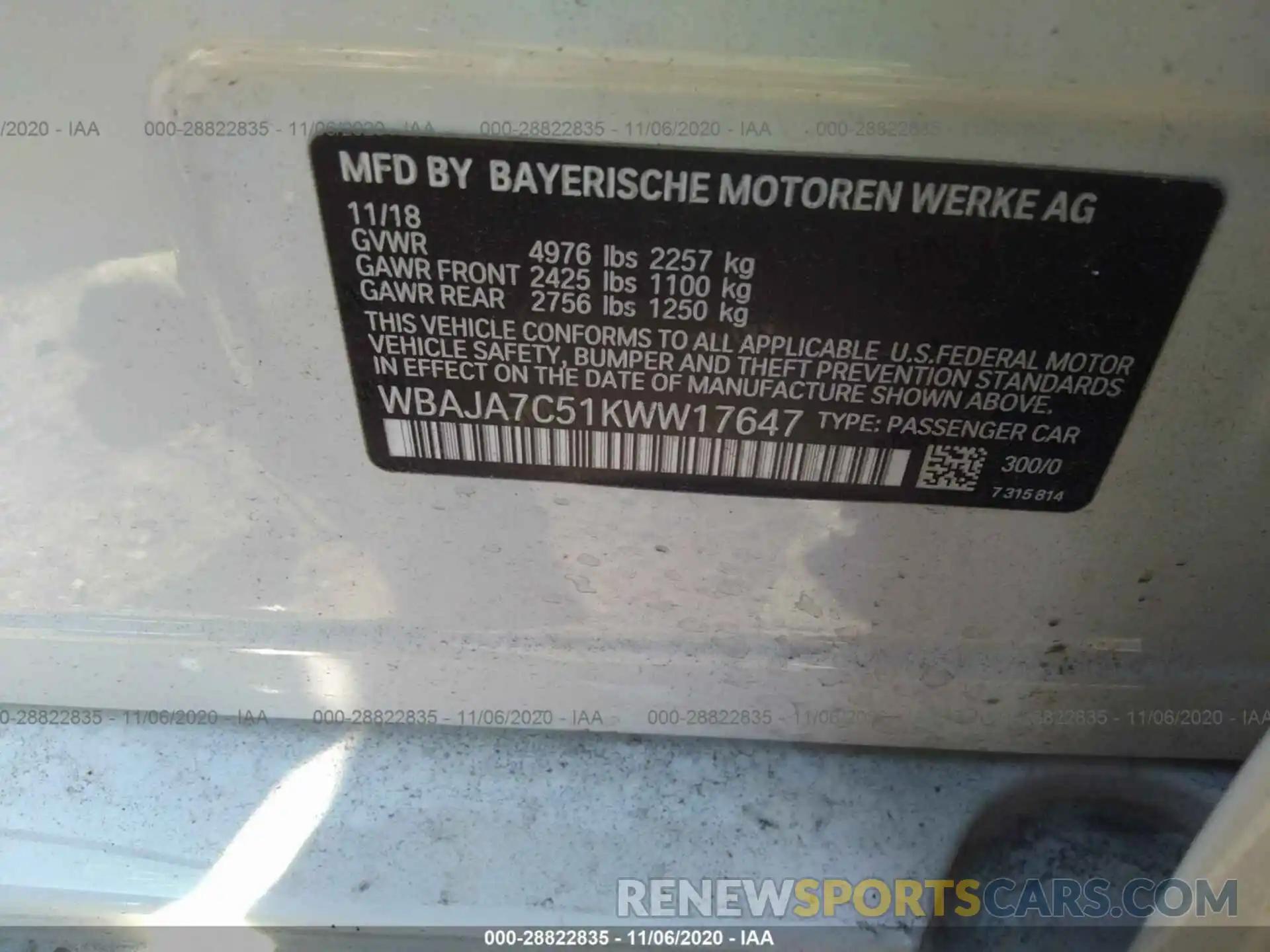 9 Фотография поврежденного автомобиля WBAJA7C51KWW17647 BMW 5 SERIES 2019