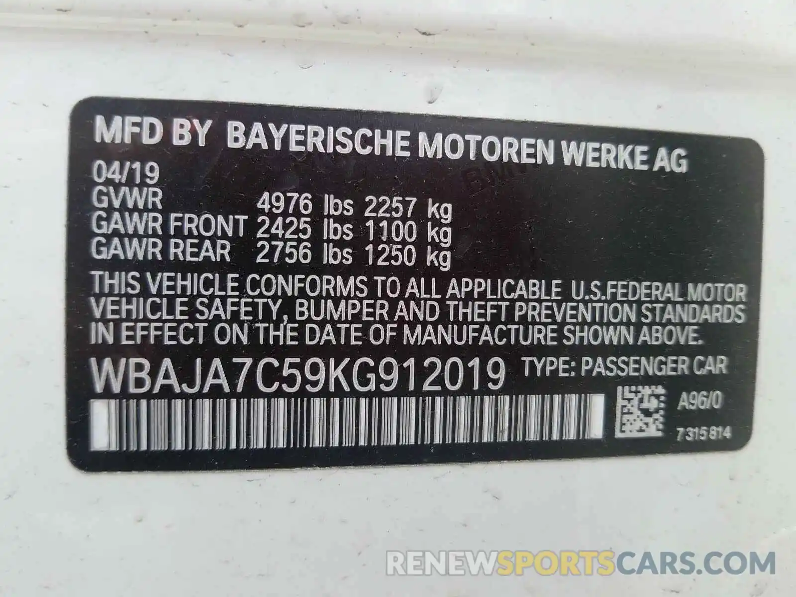 10 Photograph of a damaged car WBAJA7C59KG912019 BMW 5 SERIES 2019