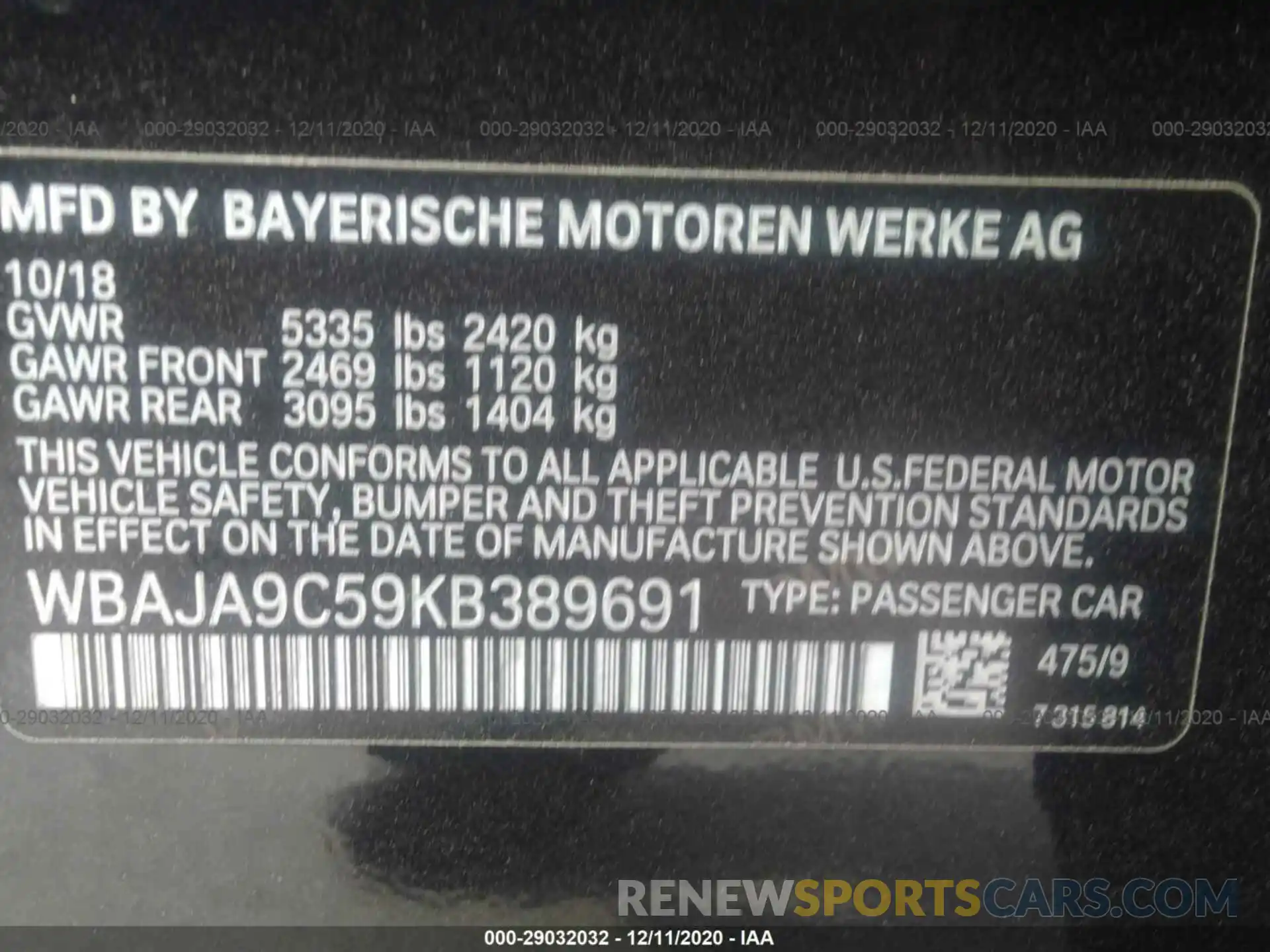 9 Фотография поврежденного автомобиля WBAJA9C59KB389691 BMW 5 SERIES 2019