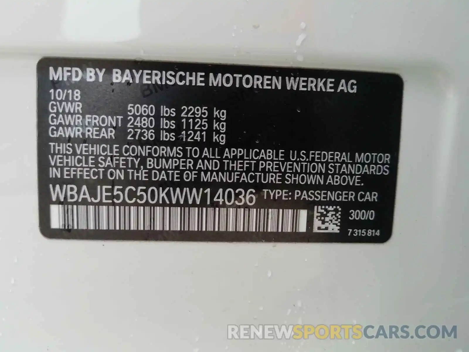 10 Photograph of a damaged car WBAJE5C50KWW14036 BMW 5 SERIES 2019