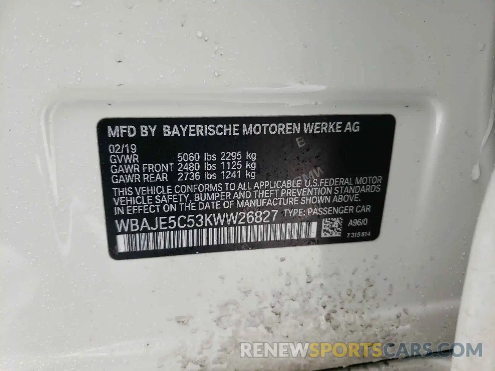 10 Фотография поврежденного автомобиля WBAJE5C53KWW26827 BMW 5 SERIES 2019