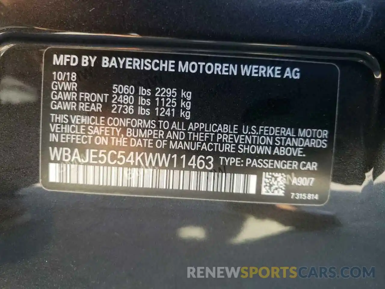 10 Photograph of a damaged car WBAJE5C54KWW11463 BMW 5 SERIES 2019