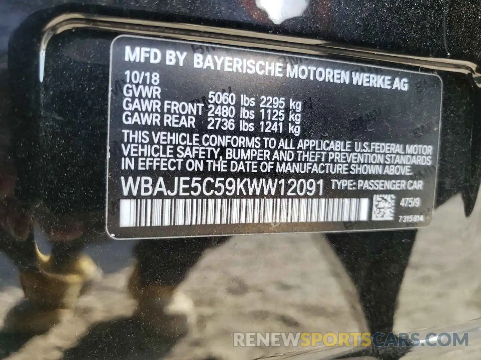 10 Photograph of a damaged car WBAJE5C59KWW12091 BMW 5 SERIES 2019