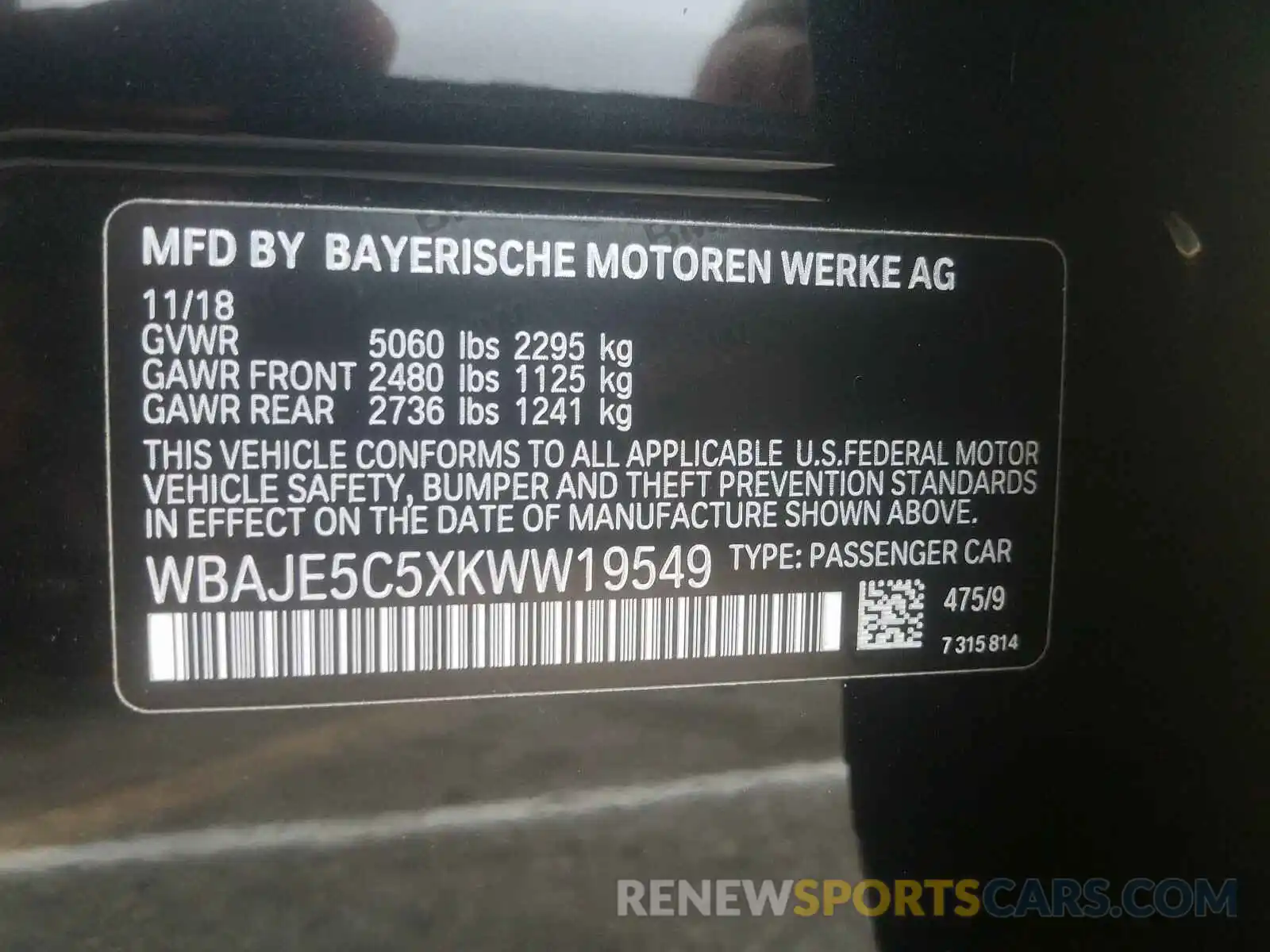 10 Фотография поврежденного автомобиля WBAJE5C5XKWW19549 BMW 5 SERIES 2019