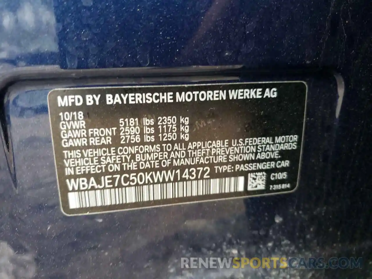 10 Photograph of a damaged car WBAJE7C50KWW14372 BMW 5 SERIES 2019