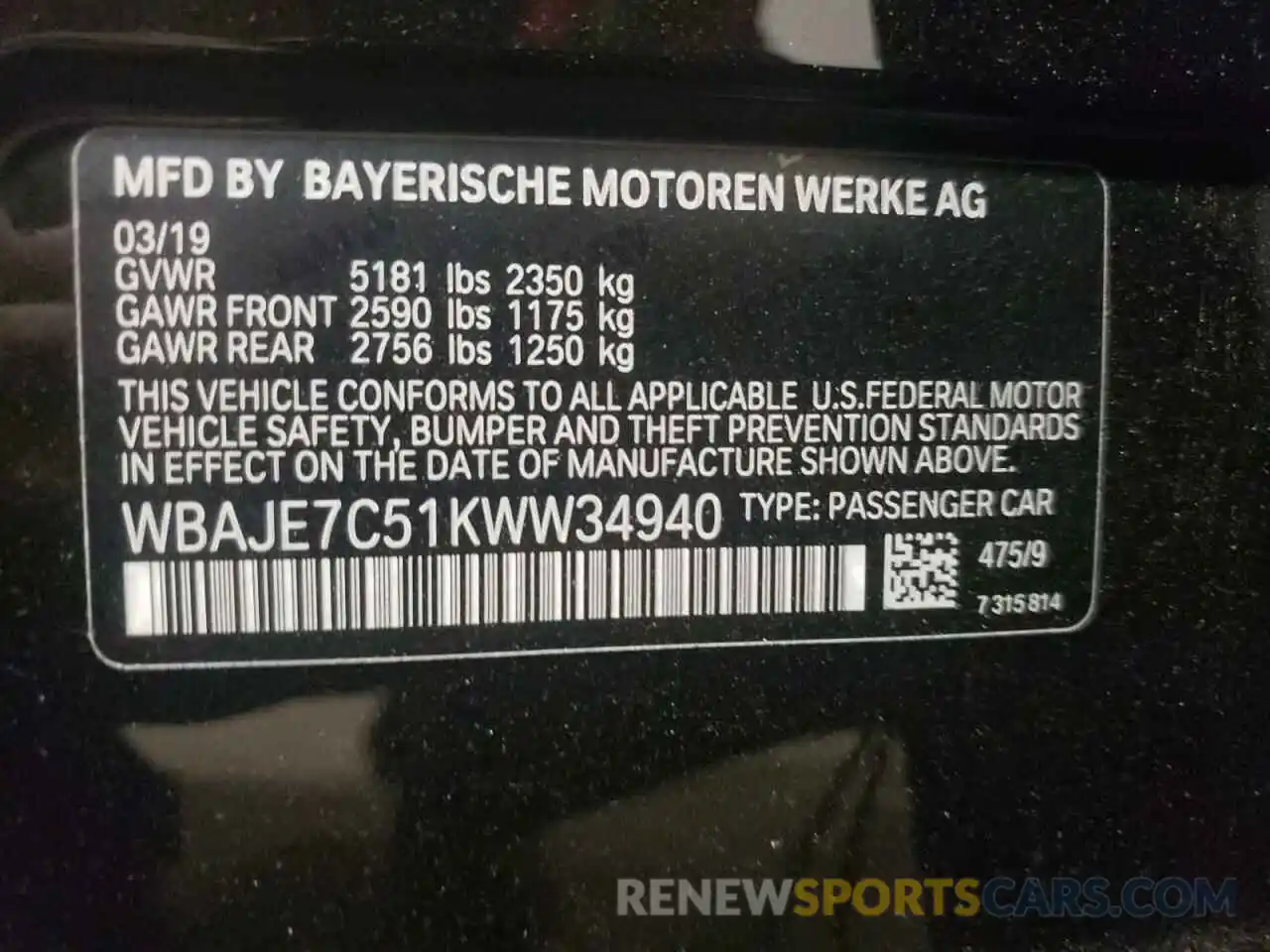 10 Photograph of a damaged car WBAJE7C51KWW34940 BMW 5 SERIES 2019