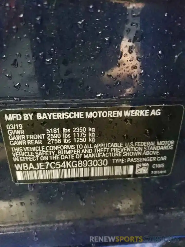 10 Photograph of a damaged car WBAJE7C54KG893030 BMW 5 SERIES 2019