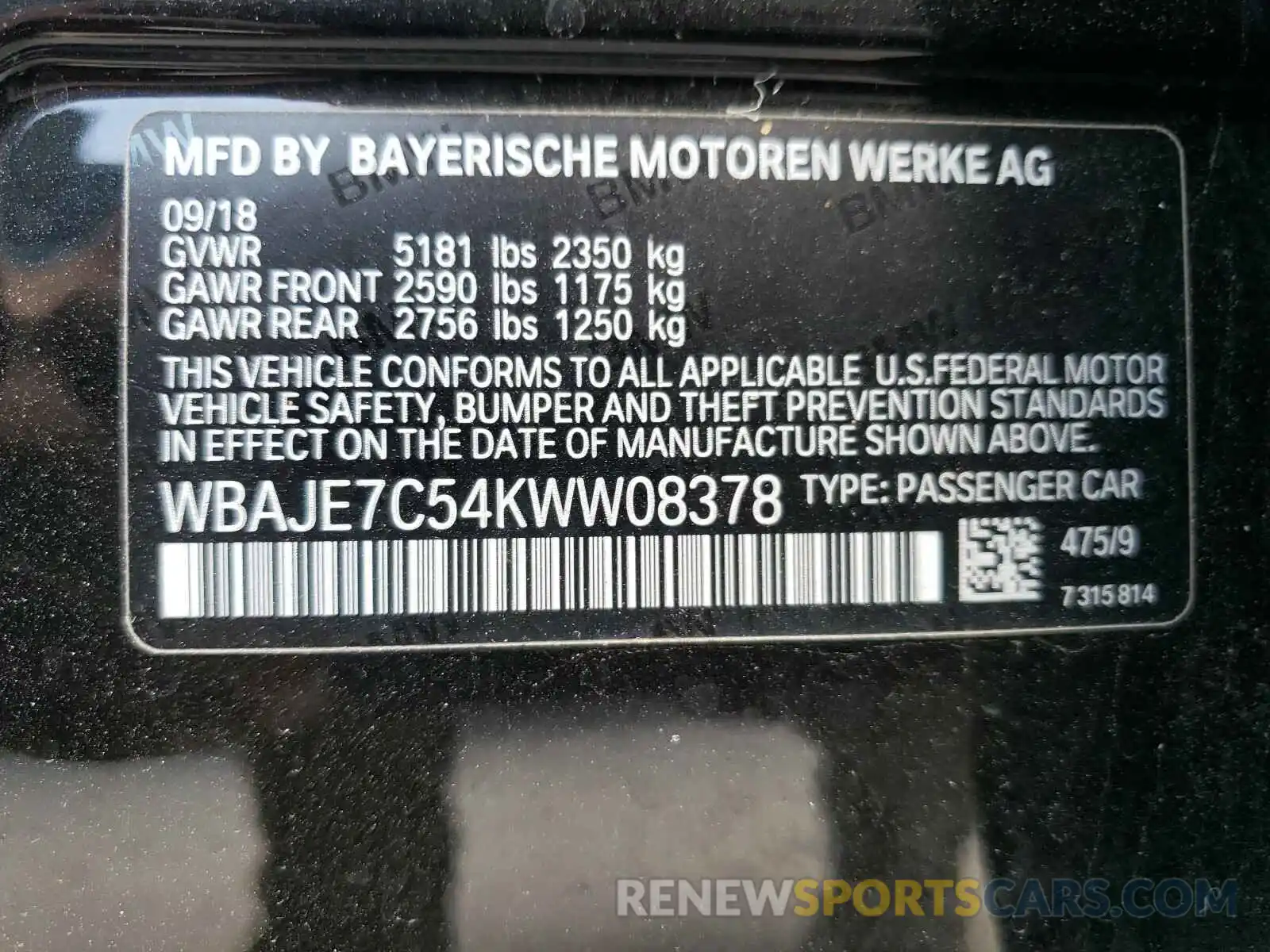 10 Photograph of a damaged car WBAJE7C54KWW08378 BMW 5 SERIES 2019