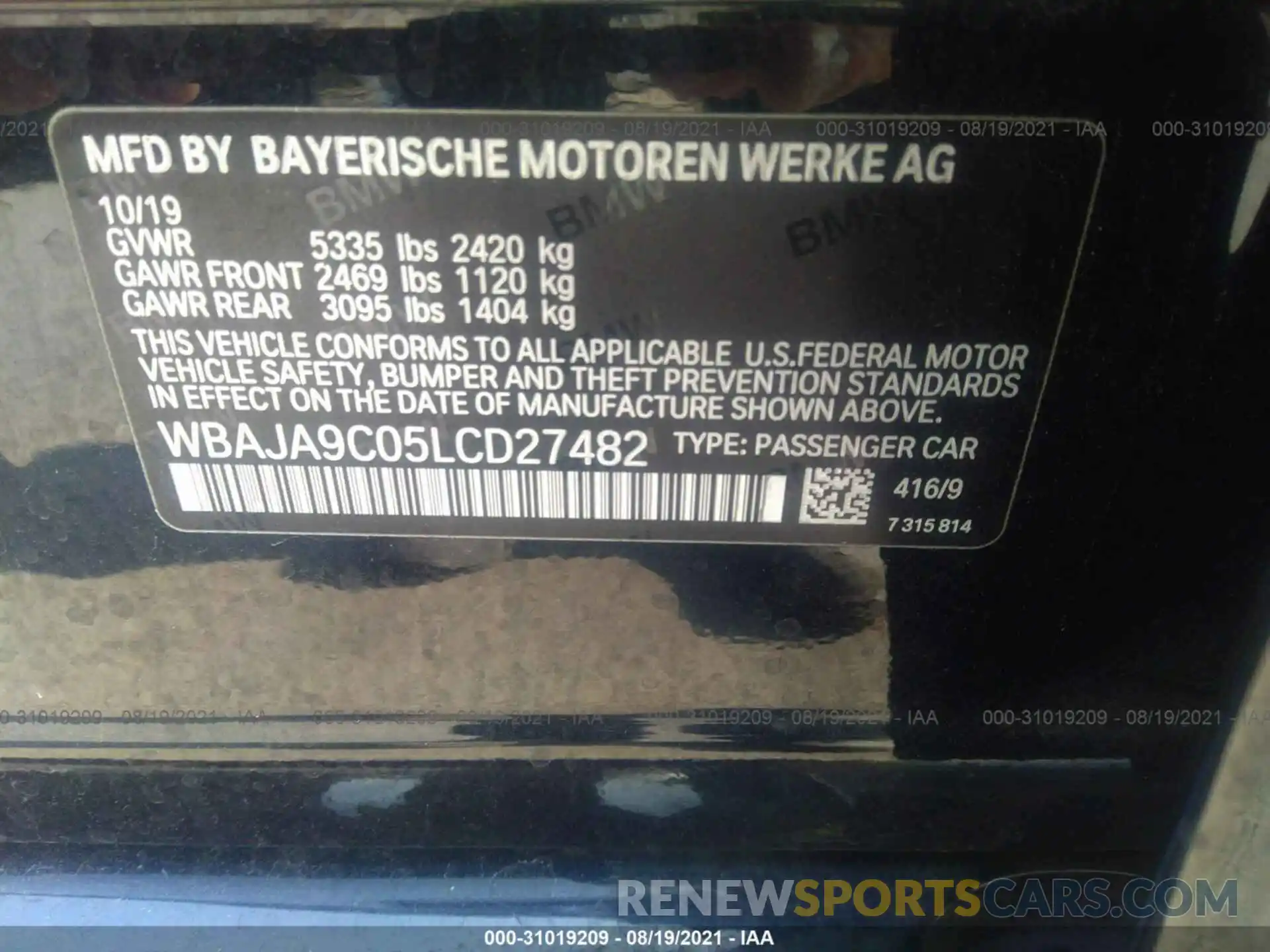 9 Фотография поврежденного автомобиля WBAJA9C05LCD27482 BMW 5 SERIES 2020