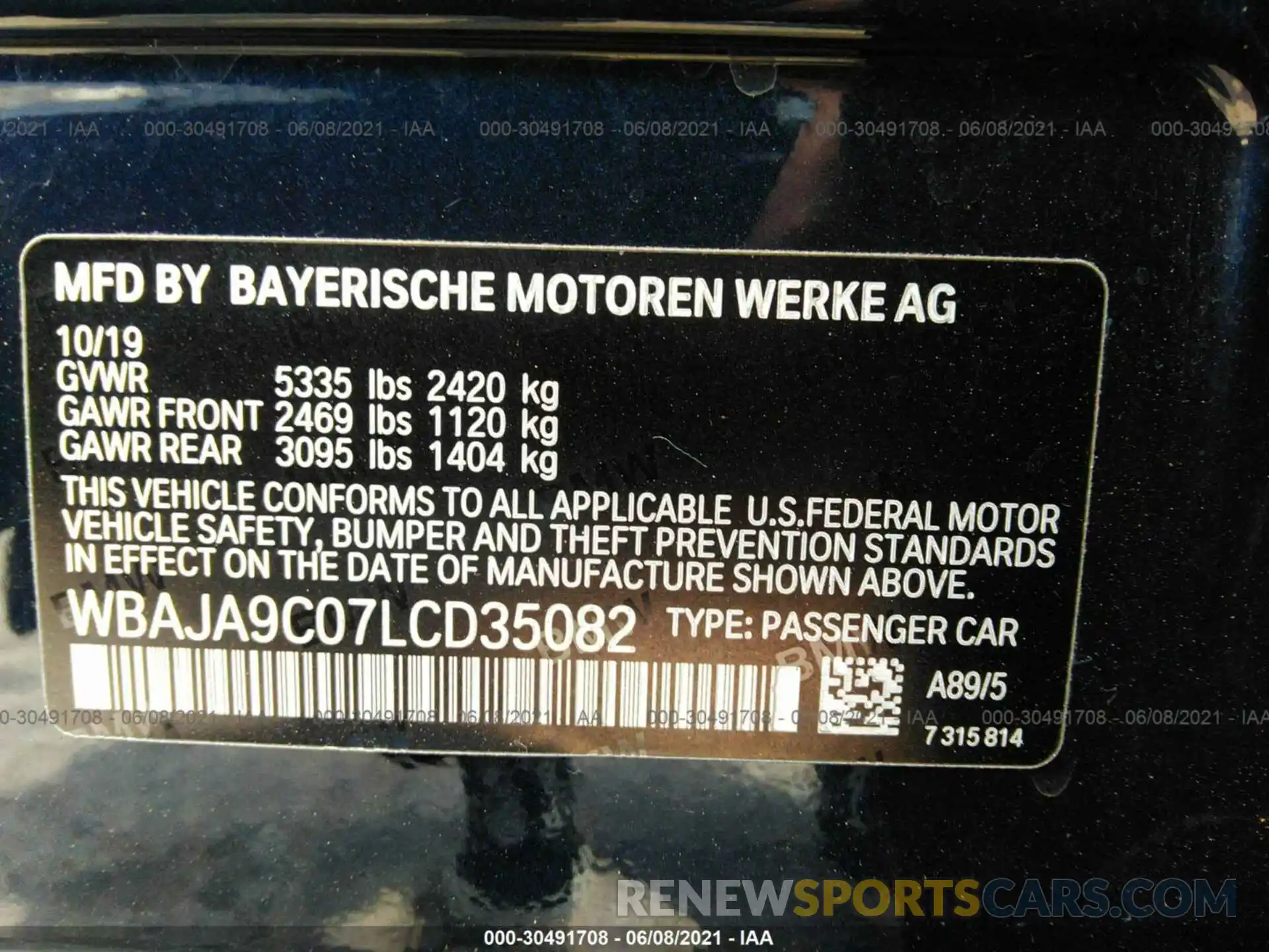 9 Фотография поврежденного автомобиля WBAJA9C07LCD35082 BMW 5 SERIES 2020