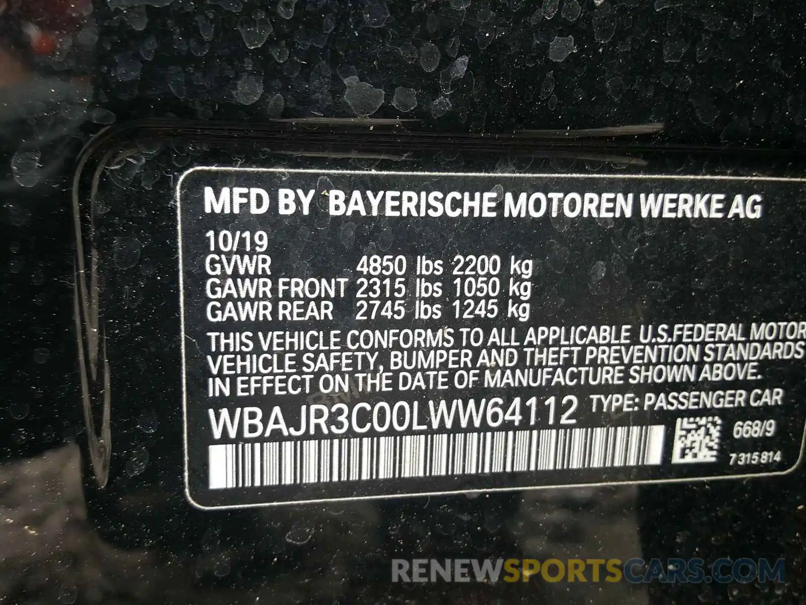 10 Photograph of a damaged car WBAJR3C00LWW64112 BMW 5 SERIES 2020