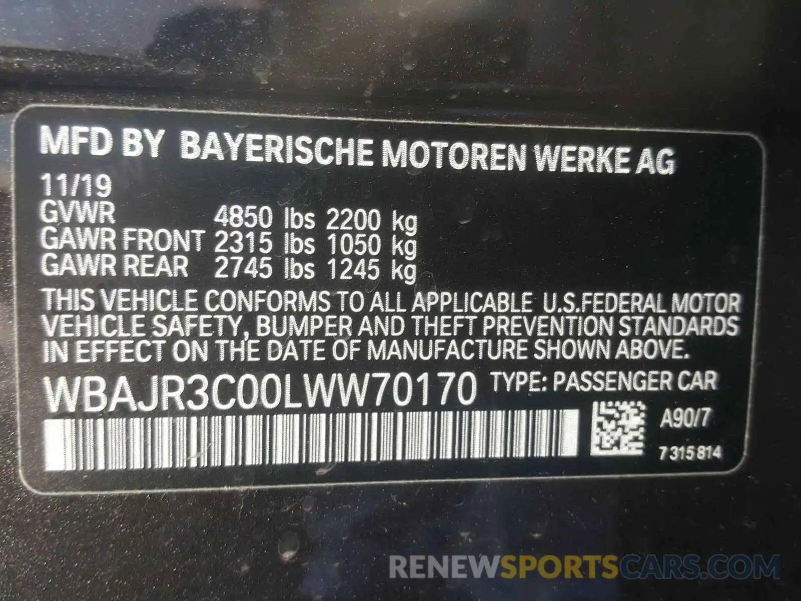 10 Фотография поврежденного автомобиля WBAJR3C00LWW70170 BMW 5 SERIES 2020