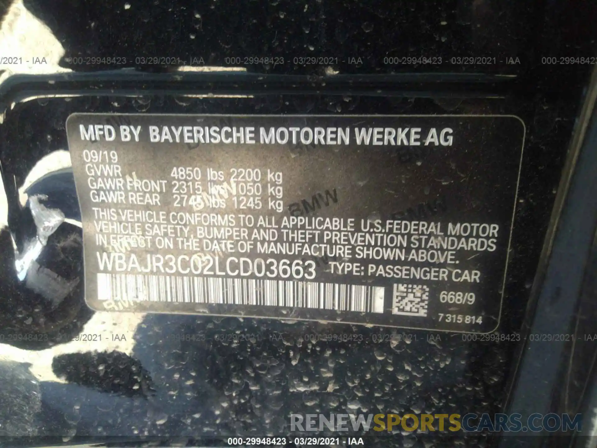 9 Фотография поврежденного автомобиля WBAJR3C02LCD03663 BMW 5 SERIES 2020