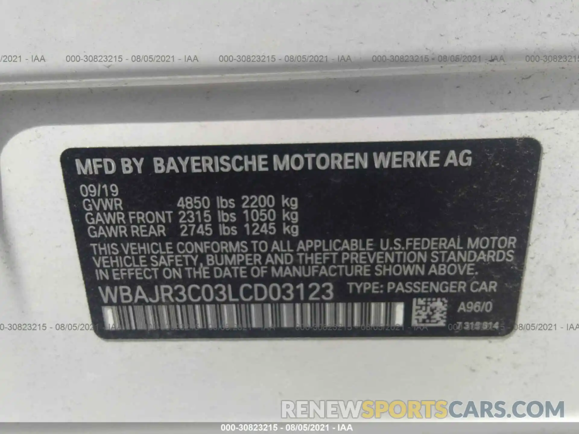 9 Фотография поврежденного автомобиля WBAJR3C03LCD03123 BMW 5 SERIES 2020