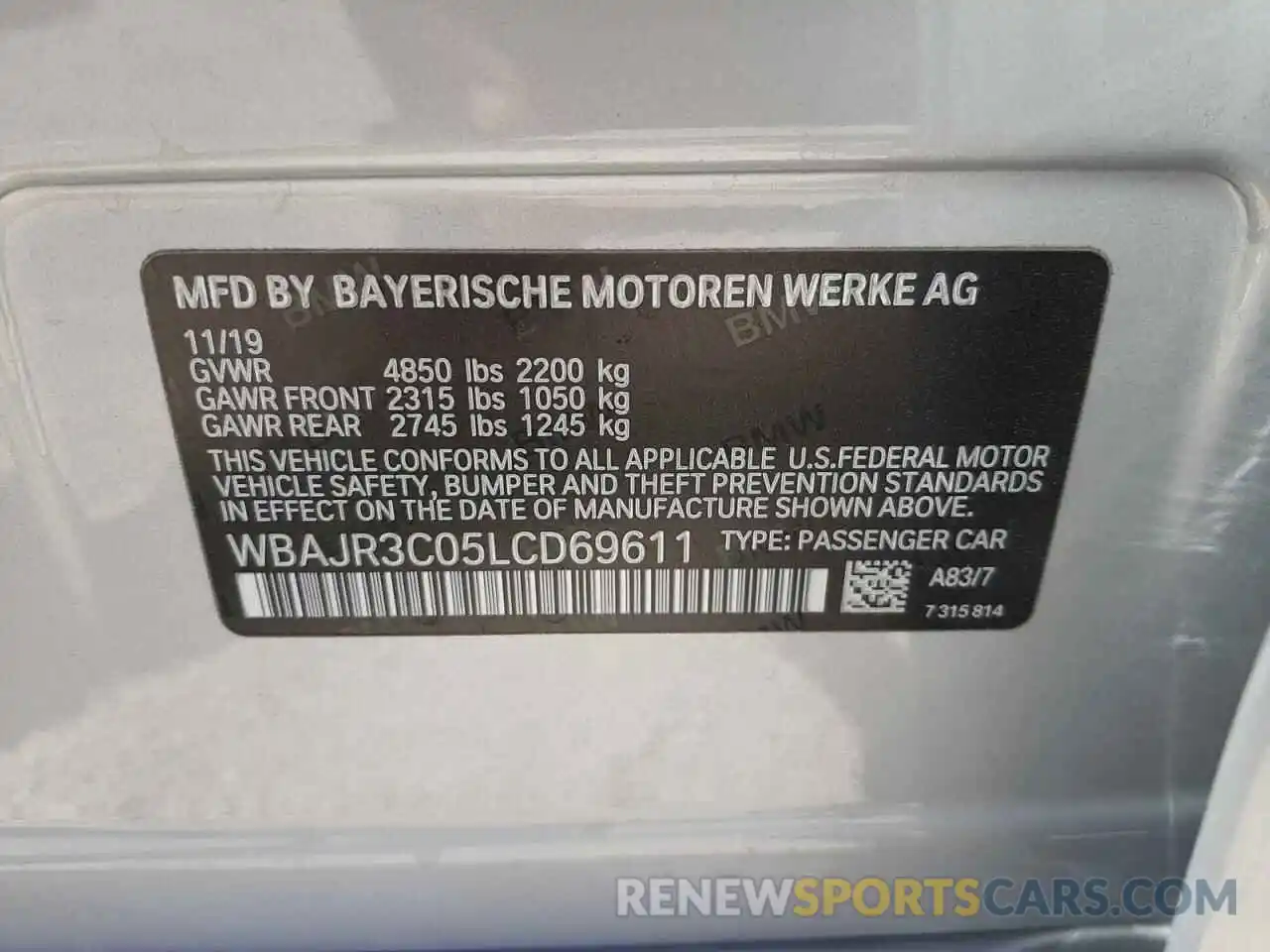 10 Фотография поврежденного автомобиля WBAJR3C05LCD69611 BMW 5 SERIES 2020