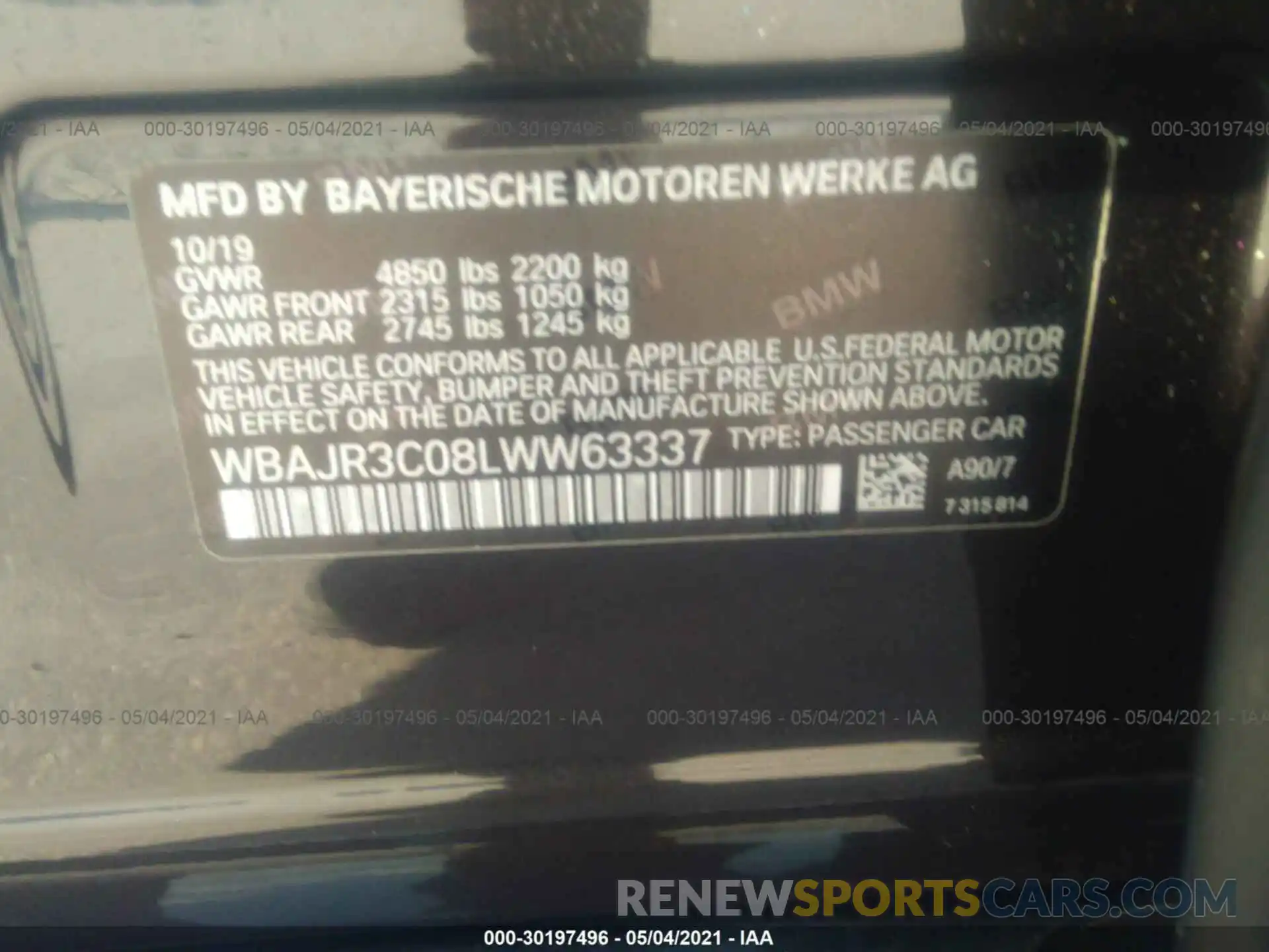 9 Фотография поврежденного автомобиля WBAJR3C08LWW63337 BMW 5 SERIES 2020