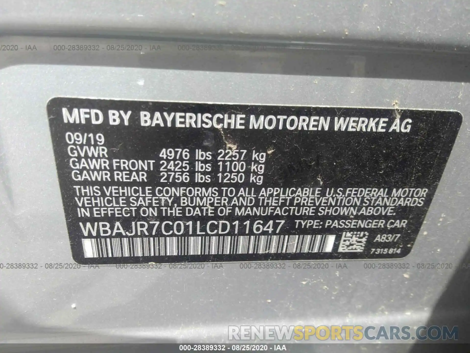 9 Фотография поврежденного автомобиля WBAJR7C01LCD11647 BMW 5 SERIES 2020