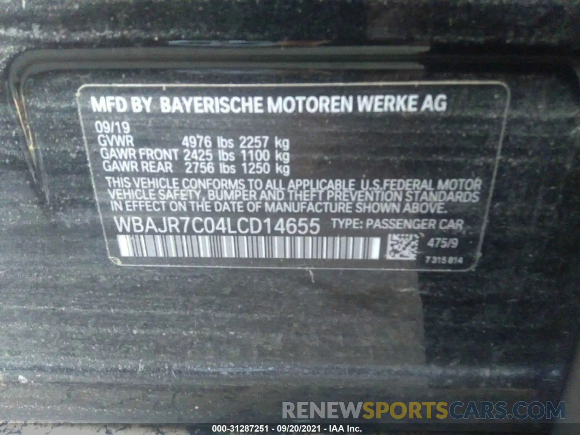 9 Фотография поврежденного автомобиля WBAJR7C04LCD14655 BMW 5 SERIES 2020