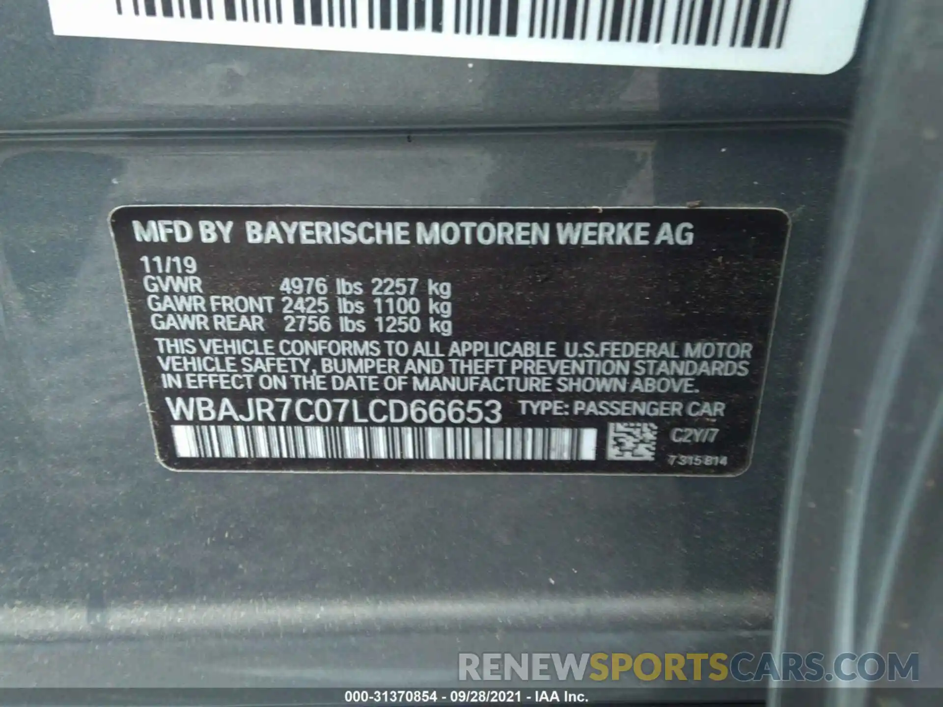 9 Фотография поврежденного автомобиля WBAJR7C07LCD66653 BMW 5 SERIES 2020