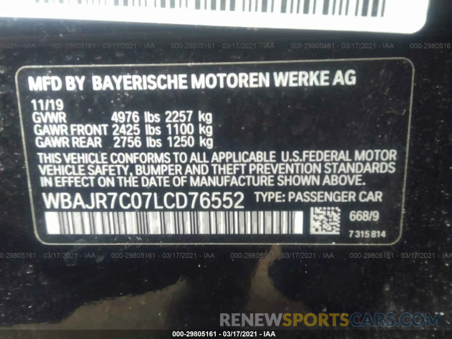 9 Фотография поврежденного автомобиля WBAJR7C07LCD76552 BMW 5 SERIES 2020