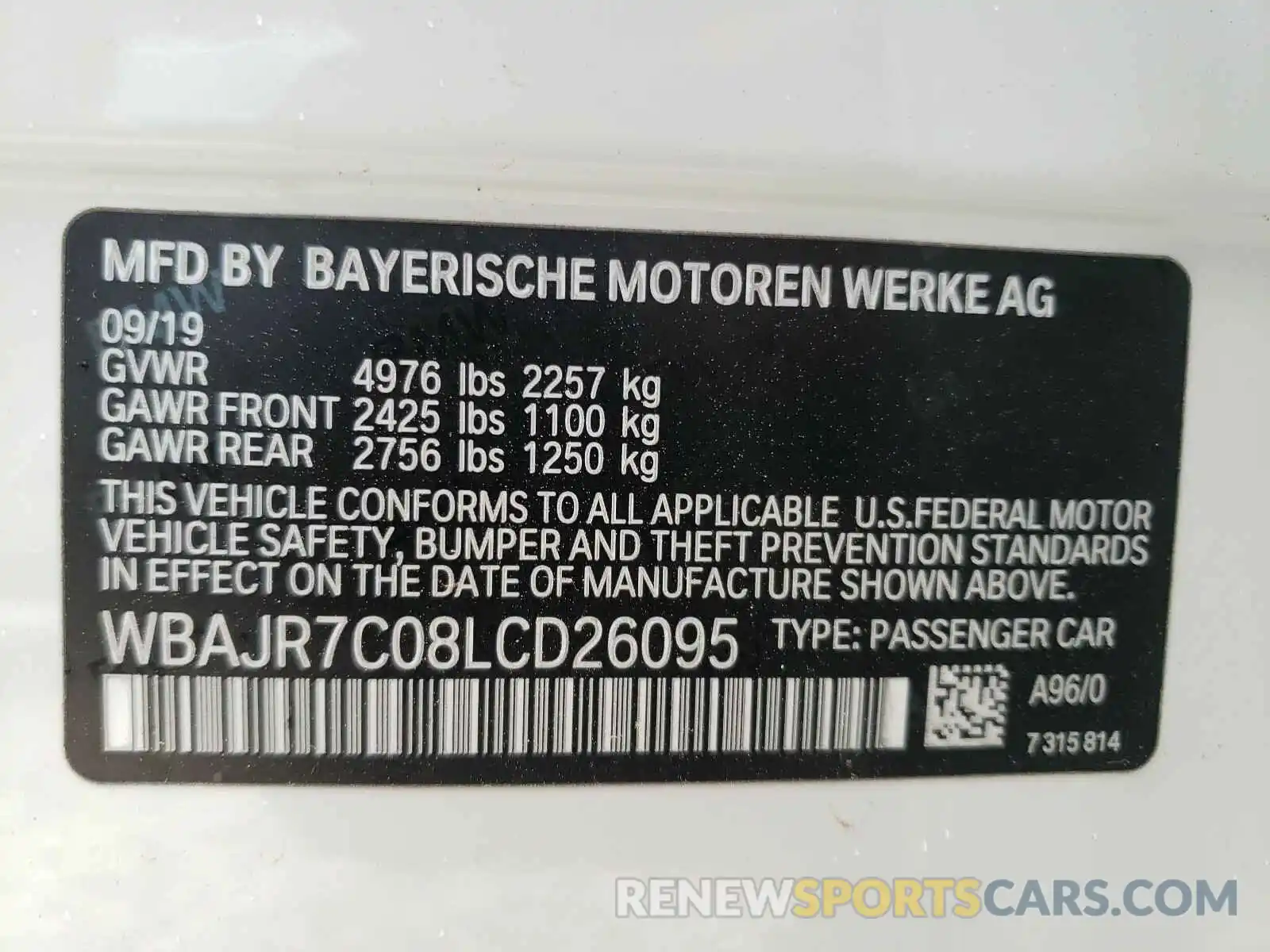 10 Photograph of a damaged car WBAJR7C08LCD26095 BMW 5 SERIES 2020