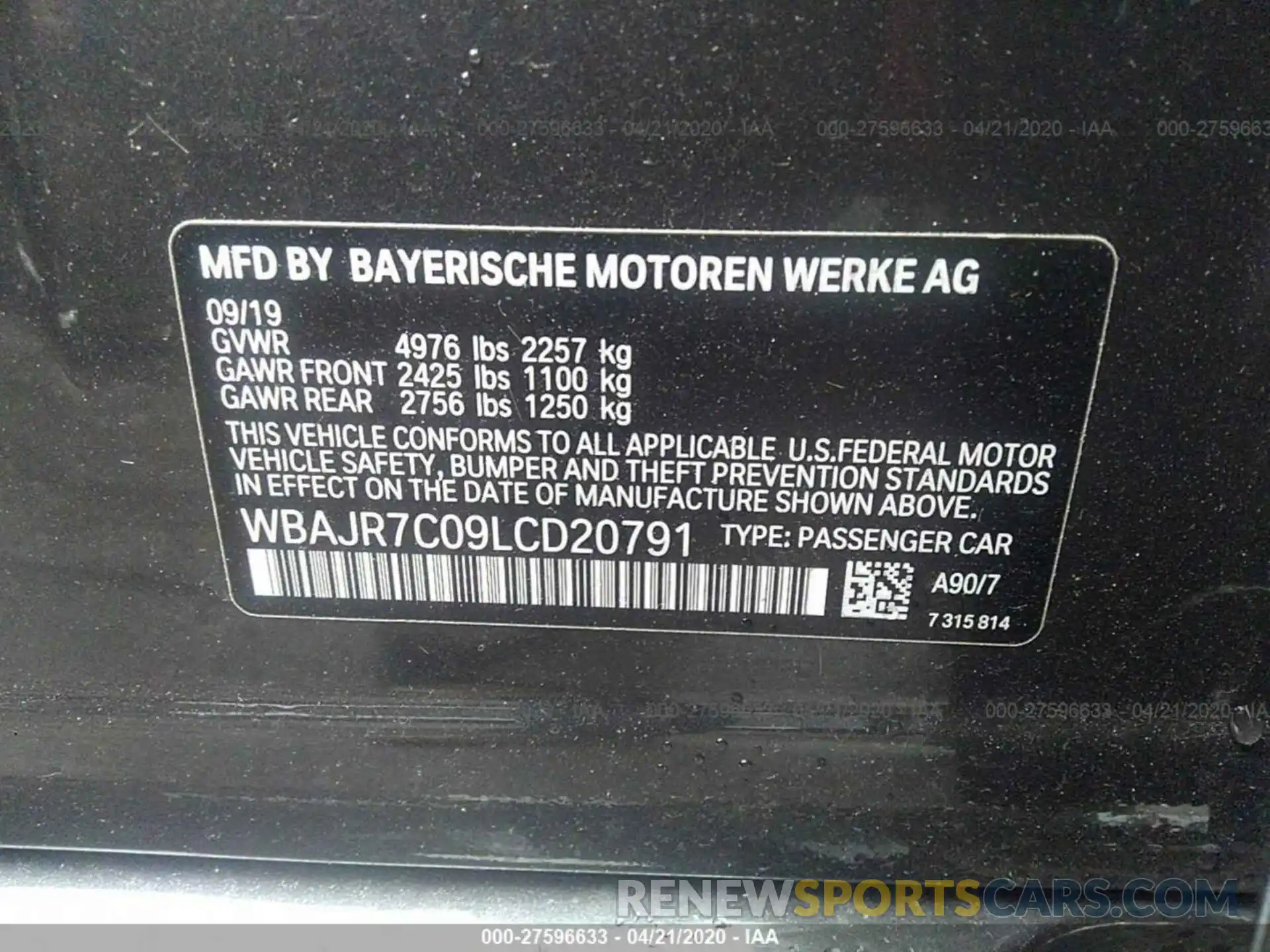 9 Фотография поврежденного автомобиля WBAJR7C09LCD20791 BMW 5 SERIES 2020