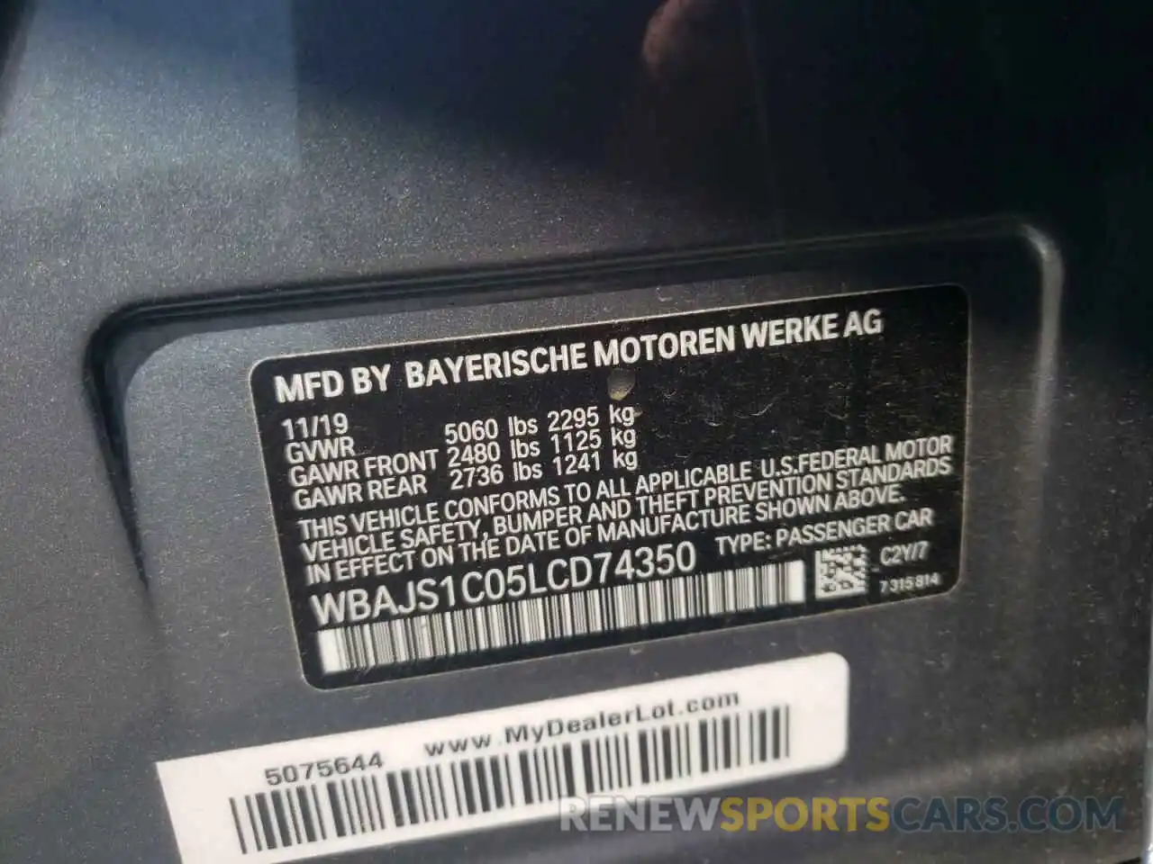 10 Фотография поврежденного автомобиля WBAJS1C05LCD74350 BMW 5 SERIES 2020