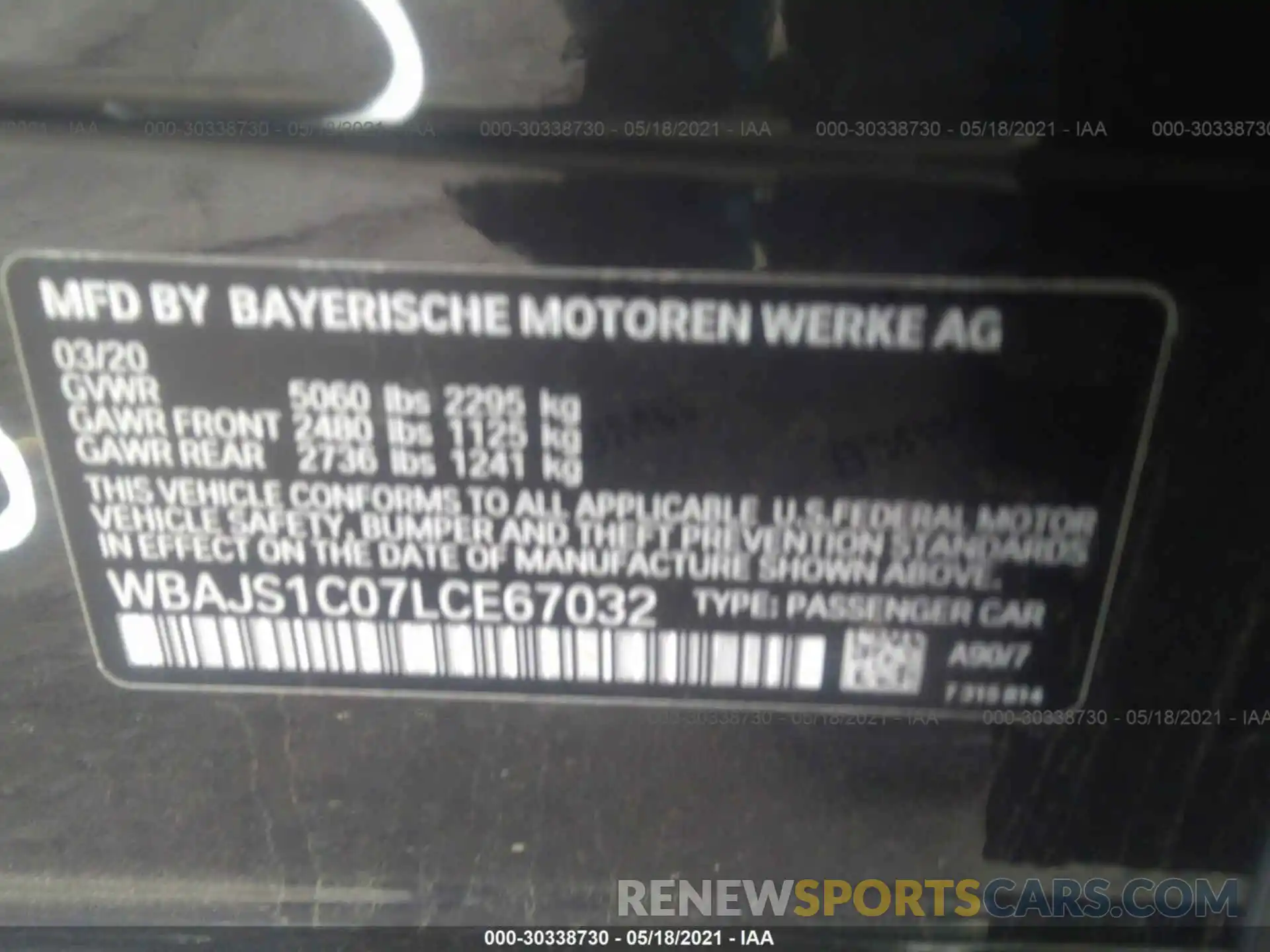 9 Фотография поврежденного автомобиля WBAJS1C07LCE67032 BMW 5 SERIES 2020
